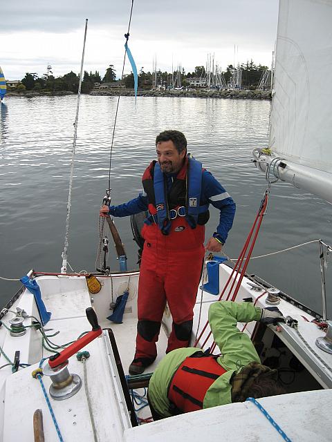 Roger is just starting to say YES as we hit the finish line in First place and winning the regatta.